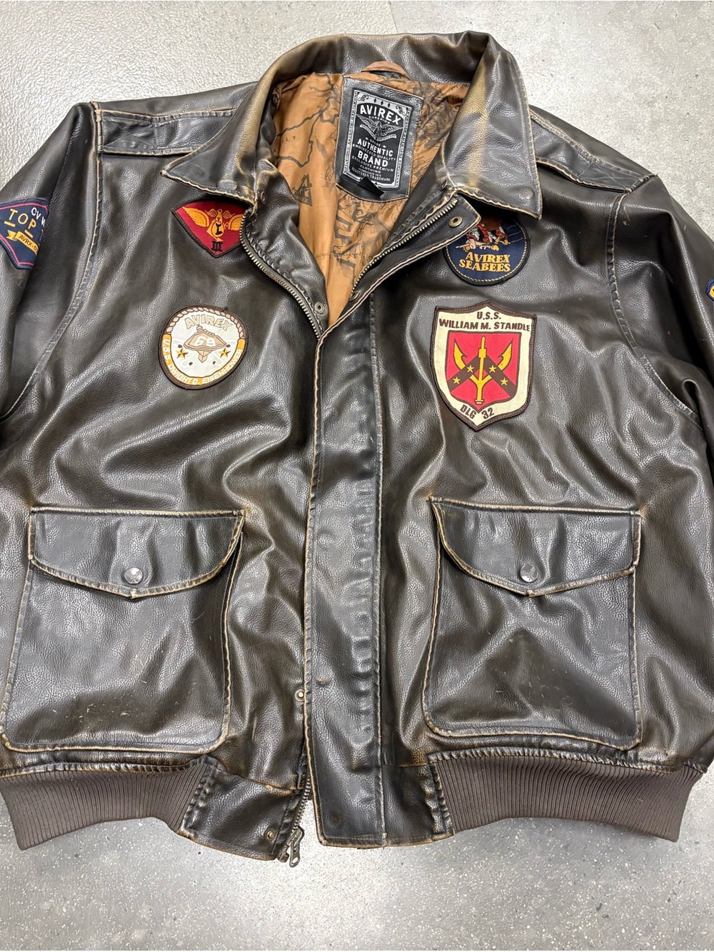 Avirex Brown Leather Bomber Jacket with Military Patches